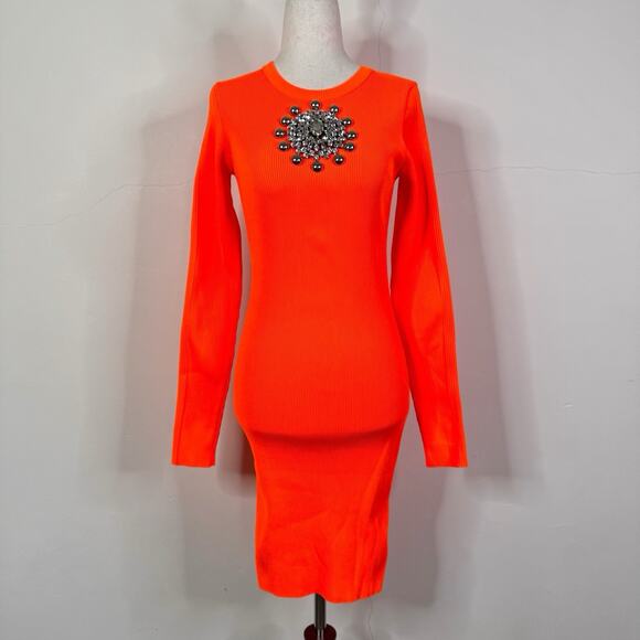 Christopher Kane SS20 Neon Orange Crystal Neck Knit Mini Dress NWT Size 40 - Picture 1 of 13
